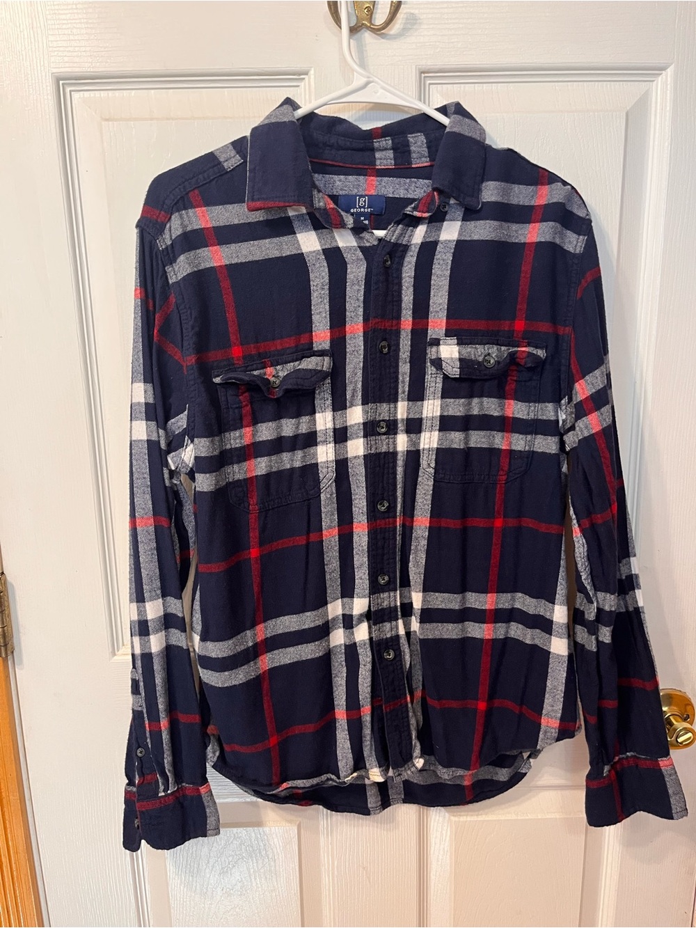 Men’s Navy Plaid Button-Up Shirt with Red & White Stripes